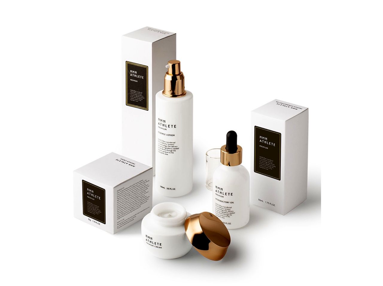 NMNサプリメントと、導入美容液、アイクリームなどのスキンケアアイテム。洗面台でのライフスタイル。